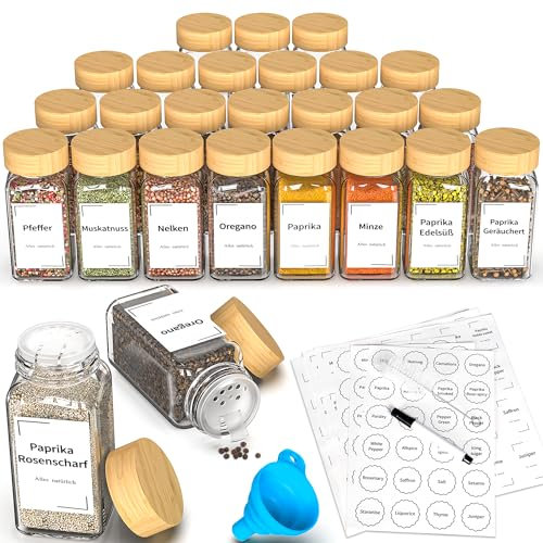 DIFULI 36 Gewürzgläser Eckig Set mit Deckel, 120ml Gewürzdosen mit 340 Etiketten, Gewürzstreuer Spice Jars Gewürzbehälter mit Trichter mit Streueinsatz,Leeren Aufklebern, Sieben (36 bambus)