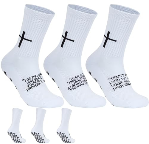 3 Paar Cross-Grip-Fußballsocken für US 6–13 – rutschfeste christliche Socken mit Bibelvers