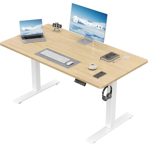 TRIUMPHKEY Height Adjustable Electric Standing Desk 110 x 60cm with Memory Smart Pannel Sit Stand Desk with Backpack Hook Stand Up Table Work Table for Home Office(Beige)