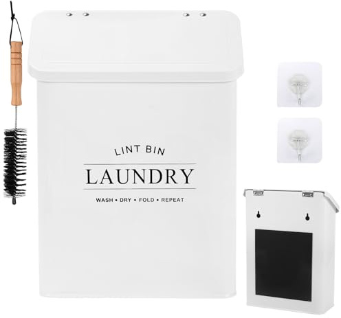 Tefola Magnetic Lint Bin for Laundry Room, Durable Metal Trash Can for Dryer Lint Collection, Farmhouse Laundry Organizer, Include Lid & Dryer Lint Brush (White B)