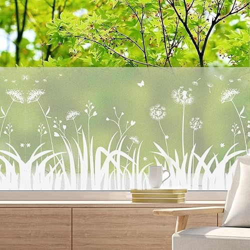 Surviguard Fensterfolie Blickdicht Sichtschutzfolie Fenster Milchglasfolie Gras, Löwenzahn Statische Aufkleber ohne Klebstoff Geeignet für Wohnzimmer, Schlafzimmer, Küche 44.5x200cm