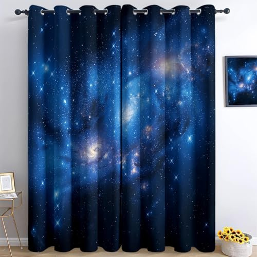 Verdunkelungsvorhänge Blau, Galaxie-Stern-Nebel Blickdichte Thermogardinen mit Ösen 2er Set 245 x 140 cm Wärmeisolierte Gardinen für Wohnzimmer Raumverdunkelung