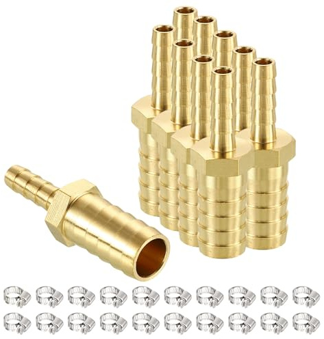 sourcing map 10pcs 15mm to 7mm Brass Hose Barb Fitting Metal Splicer | with 20pcs Stainless Steel Hose Clamps Mender for 3D Printing, Air Compressor, CNC Machine, Dies