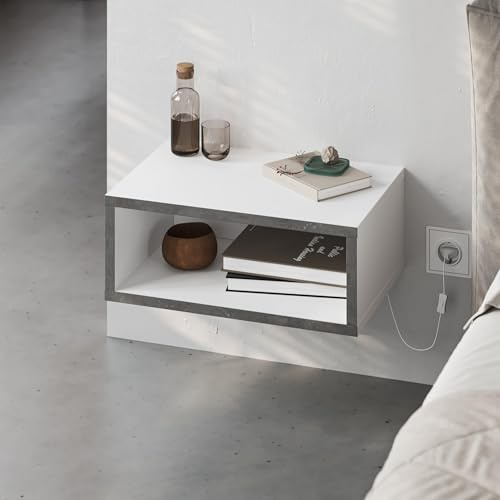 HOCUS PICUS Wall Mounted Nightstand (WxDxH), 45x30x18cm, White - Retro Grey | 2-Tier Floating Bedside Shelf with Hidden LED Strip, Wall Mounted Bedside Storage, Easy Assembly