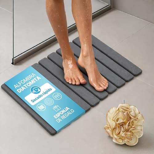 JOU PRIME Alfombra de Baño de Piedra Diatomita 60 x 40 cm Rectangular Absorbente Secado Rápido Antideslizante con Esponja de Baño de Regalo