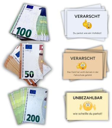 PROVISO TOOLS Auto Gadgets Lustige Falschparker Karten 50/100/200€ 45 Stück | 3 Geldschein Designs, cellophaniert, 350g/m² Papier, wetterfest, Druck in Deutschland – Parkkarten als Strafzettel