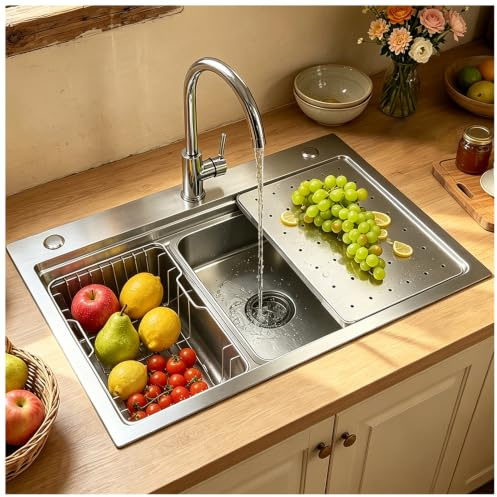 HZKSINNK Fregadero de acero inoxidable 304, fregadero empotrable de 1 pila, fregadero de cocina con acabado cepillado, pila grande, 80x50 cm de profundidad, fabricado a mano, fregadero multifuncional