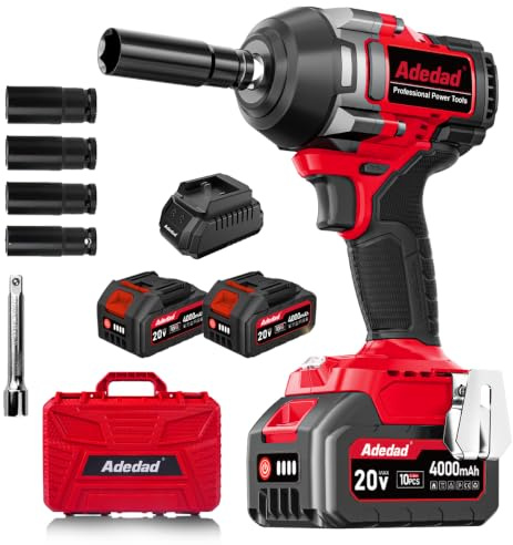 Adedad 1200N.m Bürstenloser Akku Schlagschrauber mit 2x4.0Ah Akku | Ladegerät, Stecknüsse, Verlangerung 3 Geschwindigkeiten 1/2 Zoll 20V Impact Wrench für Auto, Autoreifen Engineering & DIY
