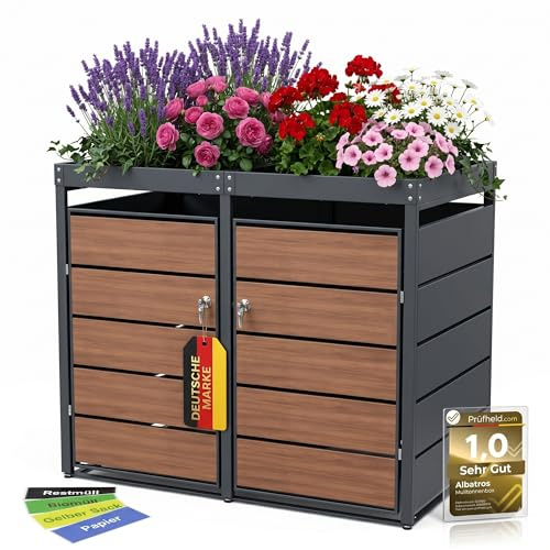 ALBATROS Mülltonnenbox 2er Holzdekor & Pflanzkasten | Metall, 120-240L | Mülltonnenverkleidung Holzoptik, Anthrazit RAL7016, wetterfest, ISO9227, abschließbar, für 2 Mülltonnen, Aufkleber-Set
