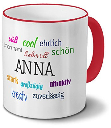 printplanet Tasse mit Namen Anna - Positive Eigenschaften von Anna - Namenstasse, Kaffeebecher, Mug, Becher, Kaffeetasse - Farbe Rot