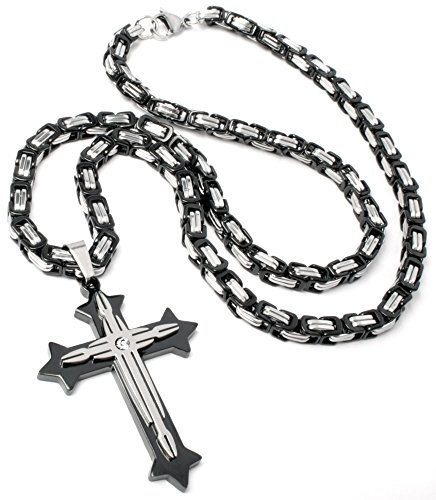 Herren Edelstahl Halskette Kreuz Anhänger silber gold schwarz + 60cm Königskette Männer Geschenk (Silber & Schwarz)