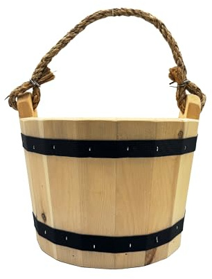 Wooden Bucket 8 x 10 Water Wishing Well Pail with Rope Twine Handle Solid Wood Vintage Style Primitive Planter Handmade in The USA