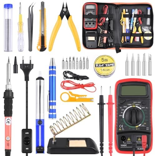ETEPON Saldatore Kit, Kit per Saldatura 60w Kit Saldatore con Multimetro Digitale, Pistola per Saldatura a Temperatura Regolabile, Pompa per Dissaldatura, Stazione di Saldatura etc (24 pezzi)
