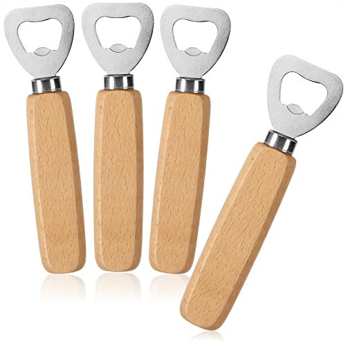 COM-FOUR® 4x Apribottiglie in acciaio inossidabile con manico ergonomico in legno di faggio - apribottiglie senza logo (04 pezzi - legno)