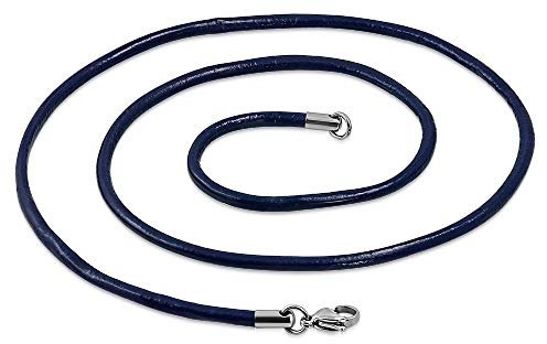 BlackAmazement 316L Edelstahl Halskette Leder Kette Glatt Rund Kettenstärke 3mm Kettenlänge 40cm 60cm Karabinerverschluss schwarz dunkelblau Burgunderrot Damen Herren (Dunkelblau, 60)