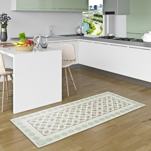 Pergamon Vinyl Teppich Küchenläufer Evora Fliesenoptik Mintgrün in 2 Größen