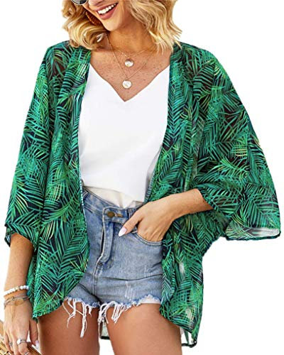 Damen Sommer Blumen Tops Blatt Kimono Strickjacke Strand Cover Up Casual Bluse Capes (Schwarzes Gras, S), Grünes Blatt, Klein