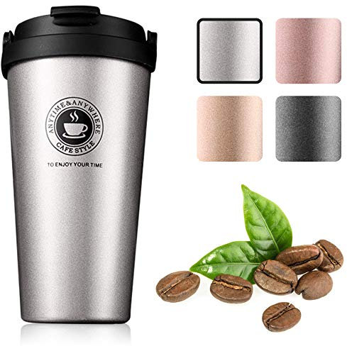 Gresunny 500ML Insulated Coffee Cups Double Walled Travel Mug Vacuum Insulation Stainless Steel Car Coffee Mug with Leakproof Lid Reusable Thermal Cup for Hot Cold Drinks Coffee Tea Beer