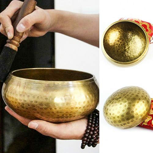 Cuenco Tibetano Hecho a Mano en Nepal, 1050G, 15,5 cm 7 Metales, cojín de Cuero y Seda de Palo de Rosa de Badajo, Herramienta práctica para meditaciones budistas