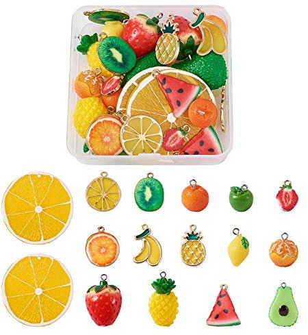 Cheriswelry Anhänger mit Obstmotiven, Orange, Kiwi, Zitrone, Ananas, Banane, Apfel, Erdbeere, Emaille und Harz, für Schmuck, Schlüsselanhänger, 30 Stück