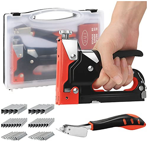 Heavy Duty Staple Gun Set, 3-in-1Manual Nail Gun Kit with 2400 Staples and Stapler Remover, Upholstery Stapler for Fixing Material, Decoration, Carpentry, Furniture, Doors and Window (Orange Black)