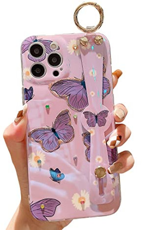 Lastma iPhone 13 Pro Max Case Cute with Wrist Strap Kickstand Glitter Bling Cartoon IMD Soft TPU Shockproof Protective Cases Cover for Girls and Women - Purple Butterfly
