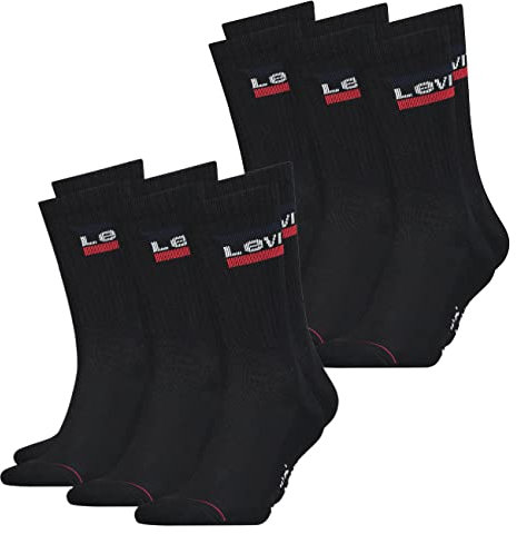 Levis Herren Socken Regular Cut 120SF SPRT LT 6er Pack Crew Sportsocken Baumwolle 35-38 39-42 43-46 Schwarz Weiß Blau Grau, Größe:39-42, Farbe:Black (003)