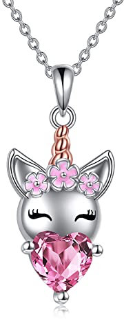 YFN Einhorn-Halskette für Mädchen, Sterlingsilber, Pink, CZ-Stein, Herz-Anhänger, Halskette, Weihnachten, Geburtstag, Party, Schmuck, Einhorn, Geschenk für Teenager-Mädchen (Pink)