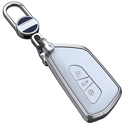 ontto Autoschlüssel Hülle Abdeckung Passt für VW Golf 8 R ID.3 ID.4 Seat Leon MK 4 Tarraco Ateca Passt für Skoda Octavia Enyaq Metall Leder Schlüsselcover Schlüsselanhänger Schlüsselhülle-Weiß