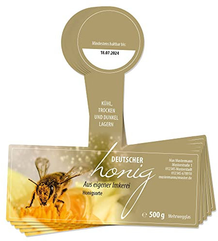 Apoidea – Honig Etiketten 500g mit Gewährverschluss selbstklebend & personalisierbar - 50 Stück/Etiketten Honiggläser/Honig Aufkleber für selbstgemachten Honig/Honigetiketten für Honiggläser