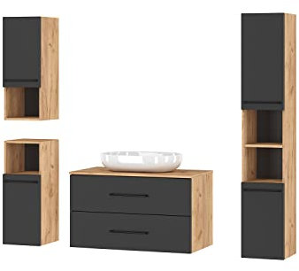 Planetmöbel Badmöbelset Waschtischunterschrank LUX 90 cm OHNE Waschbecken mit Hochschrank Gold Eiche/Anthrazit und 2X Midischrank Gold Eiche/Anthrazit