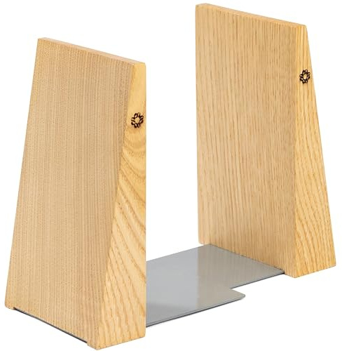 TILISMA Book Ends for Shelves - Handmade Wooden Bookends with Metal Base, Chestnut Tree - Sturdy Holders for Heavy Books - Modern Decorative Accessories