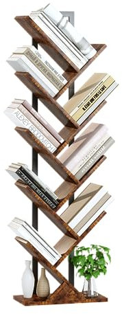 Yusong Tree Bookshelf, Floor Standing Bookcase with Steel Pipe for Living Room Bedroom, Organizer Shelves for Home Office (Brown, 9 Tier)