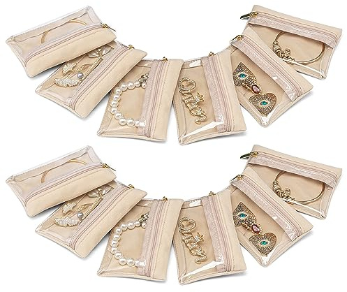 VLANDO Travel Jewelry Pouch, 12pcs Clear Velvet Zipper Bag