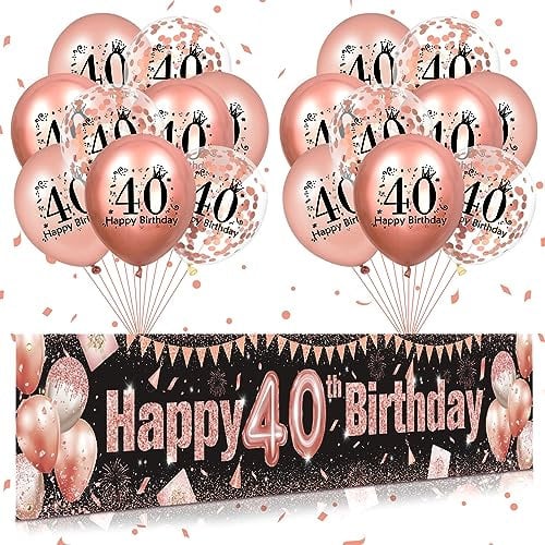 40th Birthday Decorations for Women Rose Gold and Black 40th Birthday Yard Banner and 18 PCS 40th Birthday Balloons for 40th Anniversary Birthday Party Party Supplies Indoor Outdoor Yard Decor
