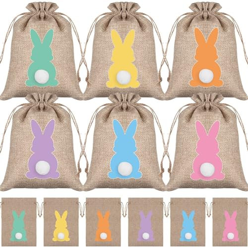 24 Stück Oster-Jutebeutel, Hasen-Jute-Geschenktüten mit Kordelzug, Oster-Geschenktüten für Ostern, Geburtstag, Party, Gastgeschenke, Dekoration, Zubehör, 10 x 15 cm (Braun)