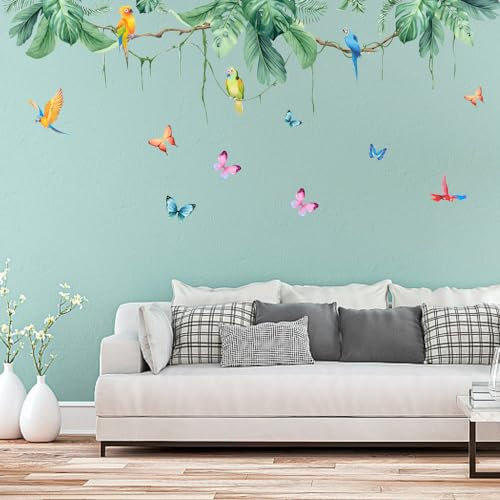 LPAMABA Wandtattoo Pflanzen Wandsticker Grüne Wandaufkleber Tropische Blätter Vögel Schmetterling für Wohnzimmer Schlafzimmer Flur Wanddeko