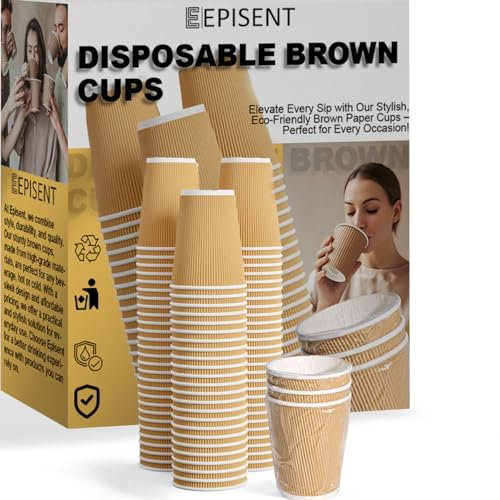 EPISENT 12oz Ripple Paper Cups (50 Pack) – Disposable Coffee Cups for Hot & Cold Drinks – Leakproof, Insulated Kraft Cups for Vending, Office, Events, Takeaway