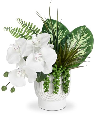 Arborus Orchidées artificielles dans un pot en céramique - 32,8 cm - Orchidées blanches artificielles en soie - Arrangement floral phalaenopsis - Plante artificielle d'intérieur pour la maison, le