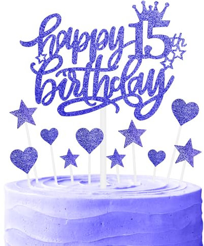 Nightfall Birthday Cake Cupcake Toppers, Blue Glitter Cake Toppers for Cake, Royal Blue Happy 15th Birthday Cake Toppers, Personalised Cake Cupcake Topper for Girls Boys 15th Birthday Cake Decorations