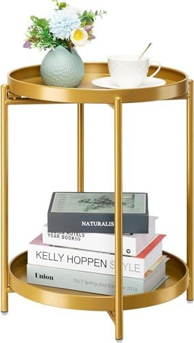 danpinera Gold Beistelltisch Rund, Kleiner Beistelltisch mit 2 Abnehmbarer Ebenen, Kleiner Tisch für Wohnzimmer, Metalltisch Outdoor für Balkon, Small Table für Schlafzimmer, Gold