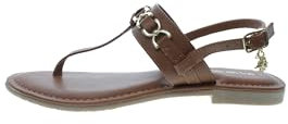 Us Polo Damen-Sandale aus braunem Leder mit goldfarbenen Metallverzierungen und Gummisohle, Braun Leder Gold, 36 EU