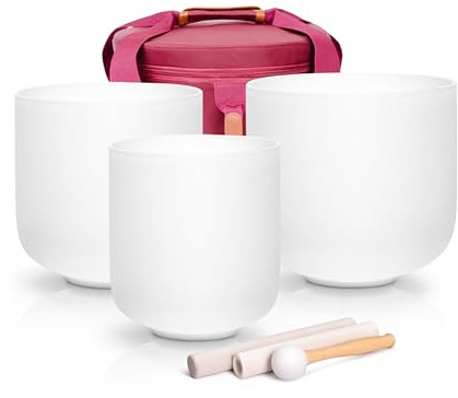 Alioth (6B+7G+8D) Set of 3 432HZ Crystal Singing Bowls with Sturdy Carrying Case and Singing Bowl Mallets