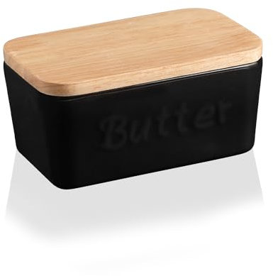 Sweejar Ceramic Butter Dish with Lid for Countertop,Butter Keeper with Thick Wood Lid,Butter Keeper for Counter or Fridge, Butter Holder Storage Kitchen Decor and Accessories for Kitchen Gifts
