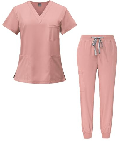 Meichoon Tuta Medica Top a Maniche Corte con Scollo a V e 3 Tasche Pantaloni Aderenti ad Asciugatura Rapida Vari Colori e Taglie Unisex DK05