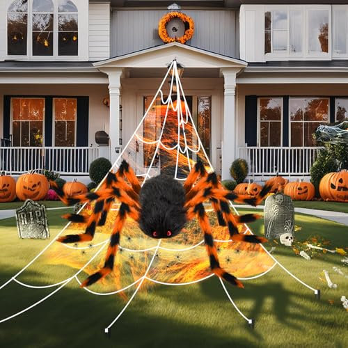 AMLOOPH Halloween Decorations Outdoor Spider Web, 79 Giant Spider + 275 Triangular Giant Spider Web Outdoor Halloween Decorations Cobwebs for Scary Halloween Indoor House Garden Party Decorations
