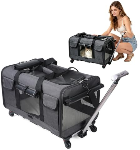 PETCUTE Transporttasche für Katze mit Rollen,Atmungsaktiv Katzen Transporttasche für 2 Katzen,Faltbarer Katzentransportbox Hundetragetasche mit Teleskopgriff,Herausnehmbare Matte, ideal für Reisen