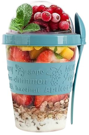 SAFRI 600ml Over Night Oats Container Reusable Yogurt Cups 100% BPA Free Breakfast On The Go Cereal Yogurt Pot with Lids and Spoon (Turquoise)