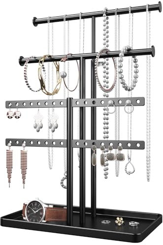 Josmimic Schmuckständer Kettenhalter Schmuck Halterung: Großes Fassungsvermögen, Verstellbarer Halskettenhalter – Stabile Schmuckaufbewahrung für Ohrringe, Armbänder, Uhren, schwarz