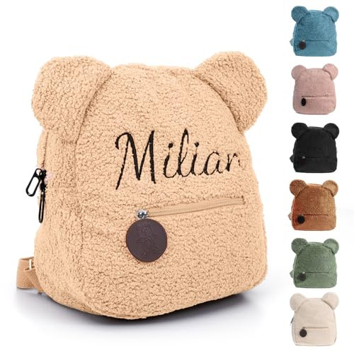 Generisch Personalisierte Kinder Rucksack, Gestickt Kindergartenrucksack Mädchen Und Jungen, Teddy Rucksack Kleinkind Mit Namen Mini Baby Rucksack Kita Und Kindergarten (Khaki)